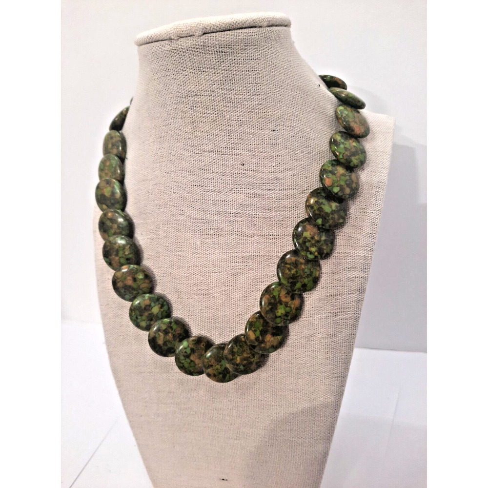 Vintage Hand Tied Rainforest Jasper Rayolite Necklace 17" Sterling clasp GREEN